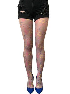 Multicolored Musical Notes Printed Patterned Tights Pantyhose for Women
